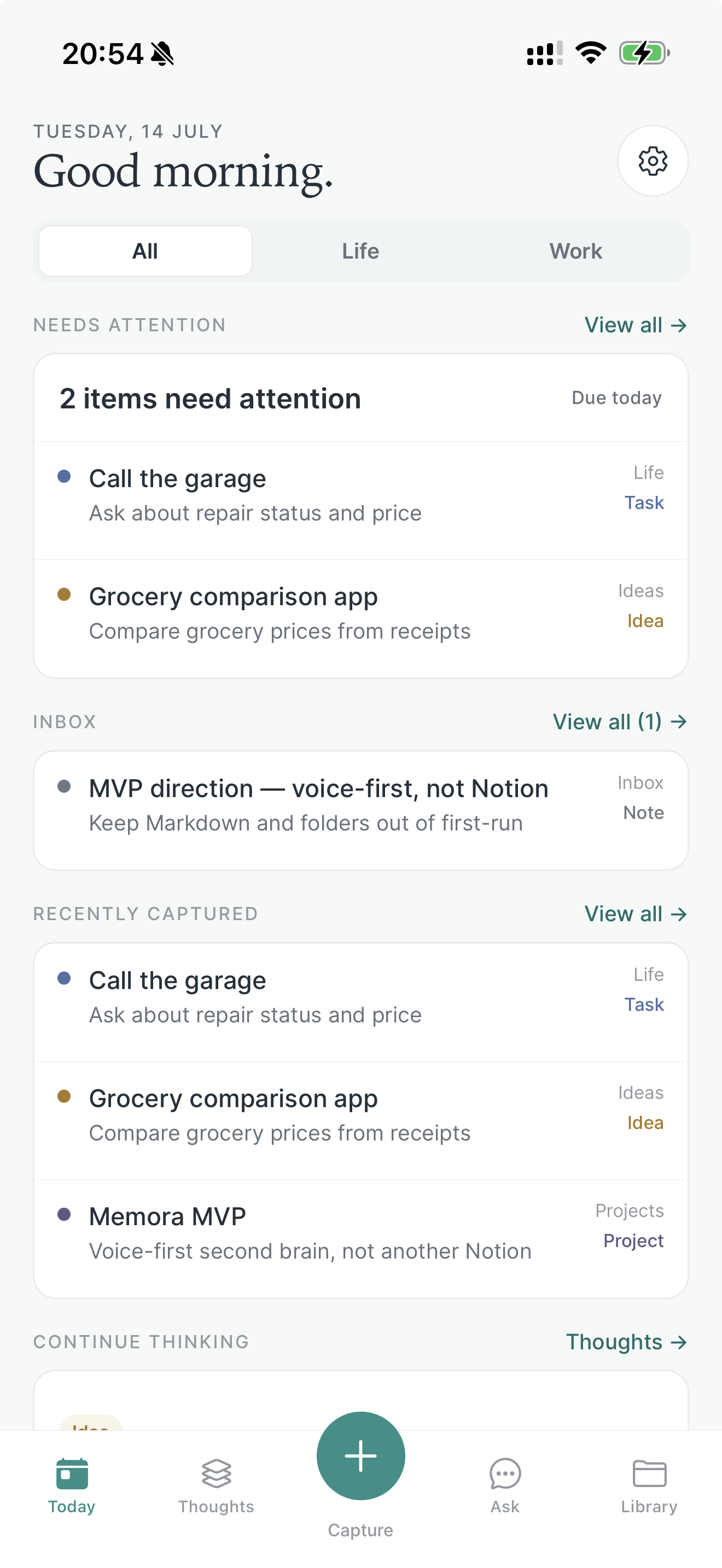 Memora on iPhone — Today view with inbox, needs attention, and recently captured thoughts